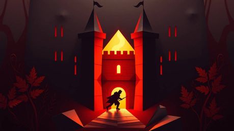 An intricate origami-style image depicting a thief sneaking into a heavily guarded castle, silhouetted by warm autumn colors.