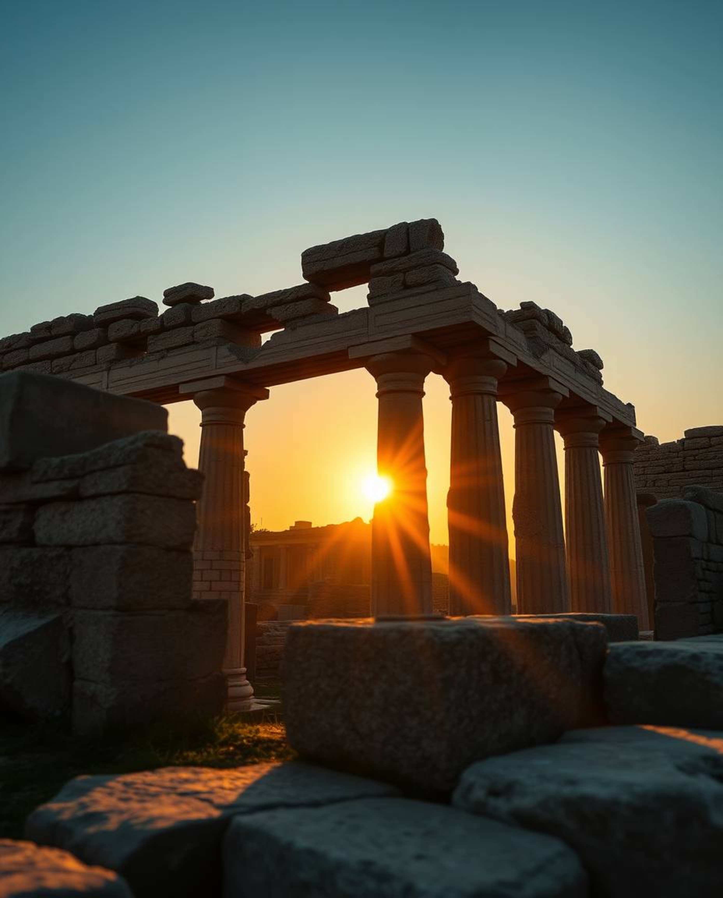 A high-resolution stock photo featuring a tight close-up of ancient stone ruins as the sun sets. This commercial, professiona