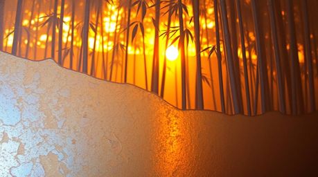 Experience the serene beauty of a bamboo forest bathed in warm sunset light. This image showcases a cast bronze surface with 