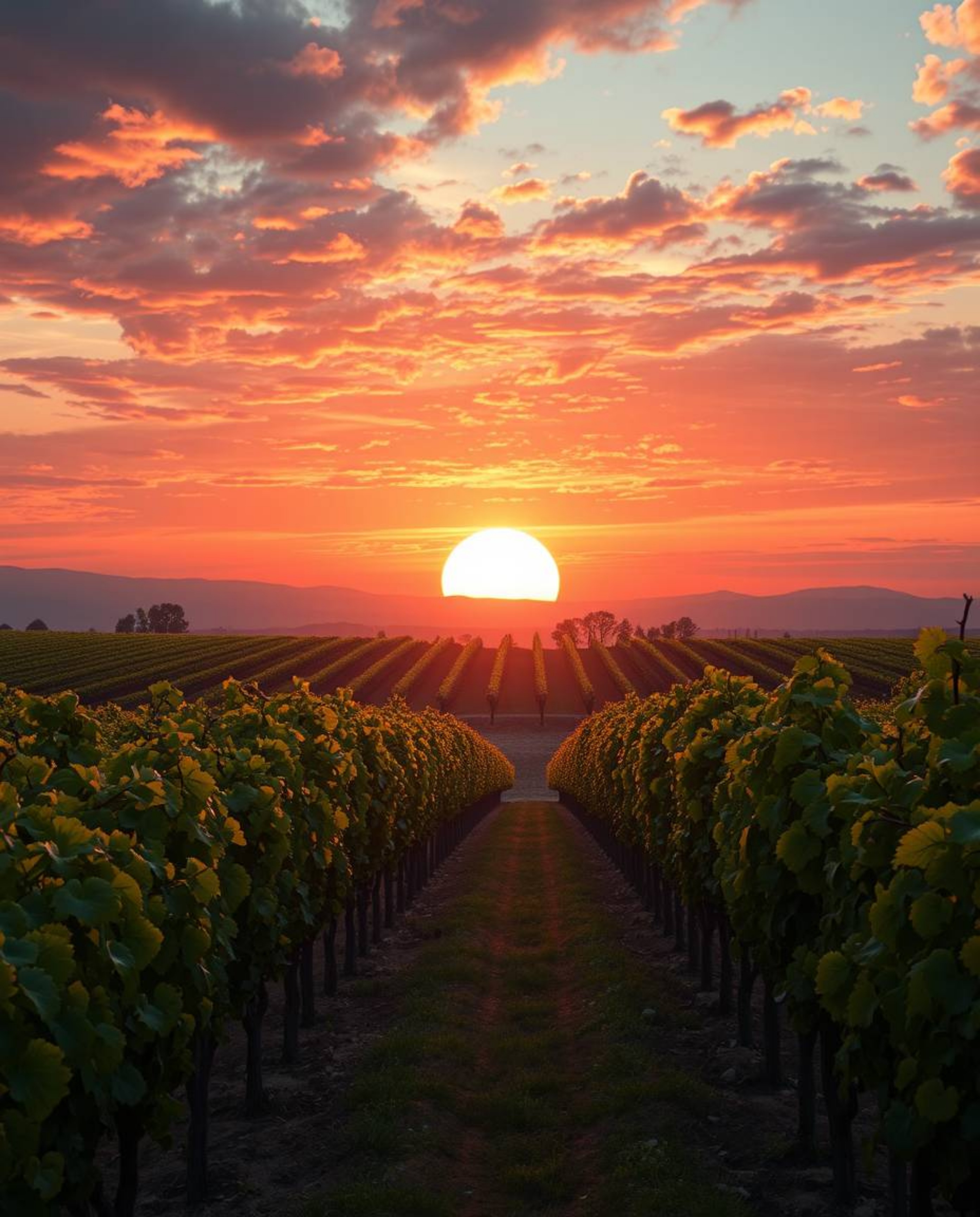 This is a modern and futuristic depiction of a grand, massive-scale scene: a sunset over a vineyard transformed into creative