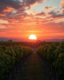 This is a modern and futuristic depiction of a grand, massive-scale scene: a sunset over a vineyard transformed into creative