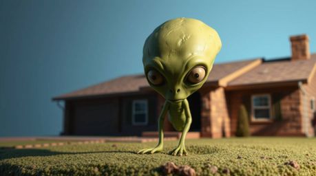 Discover a captivating blend of sculptural clay art and cinematic lighting in this unique piece.  A three-eyed green alien in