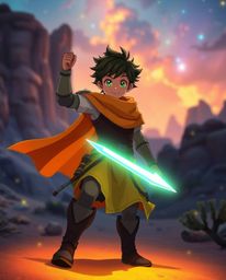 Embark on a vibrant adventure with a brave Disney-esque hero in an Isekai anime desert setting.  Experience stunning visuals 
