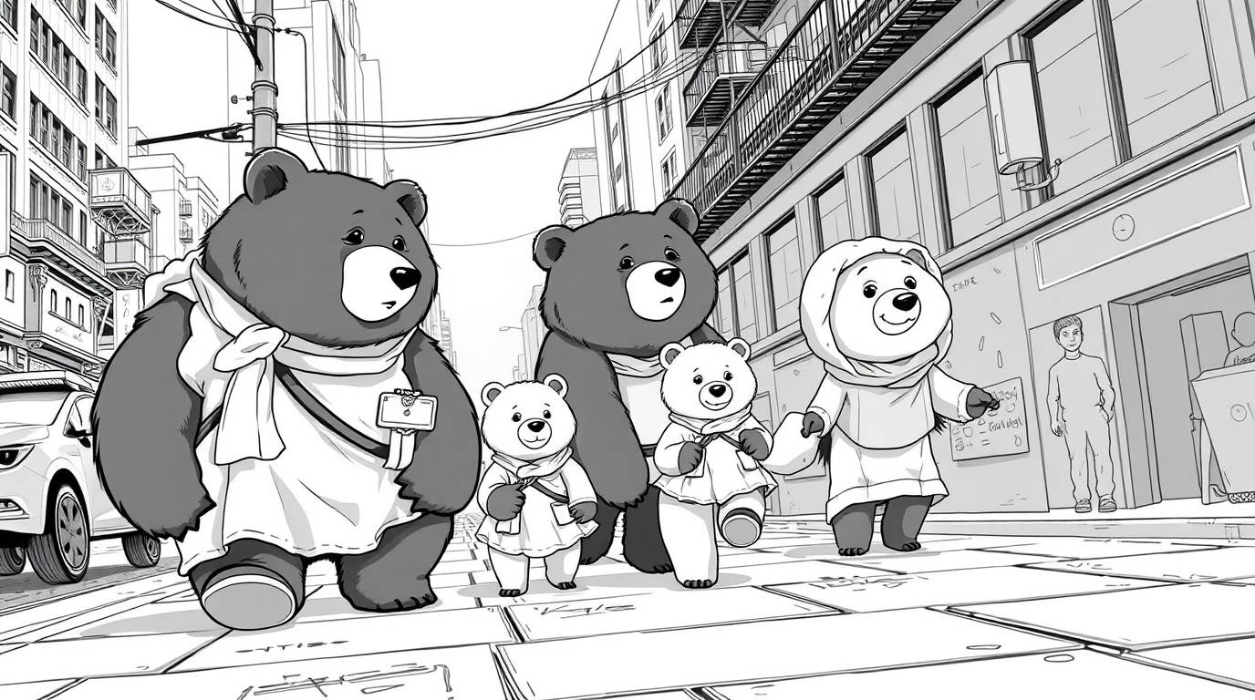 Experience a timeless and elegant Isekai anime depicting a bear family's urban adventure.  Rendered in classic black and whit
