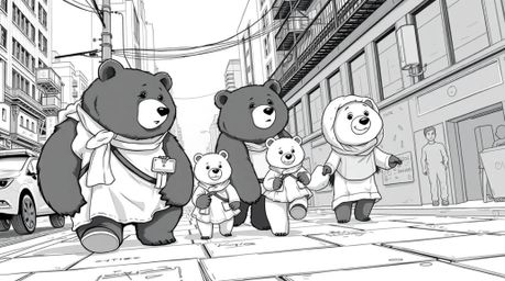 Experience a timeless and elegant Isekai anime depicting a bear family's urban adventure. Rendered in classic black and whit