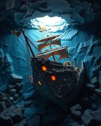 Discover a mesmerizing underwater shipwreck art installation, meticulously crafted from layered papier-mâché.  This unique sc