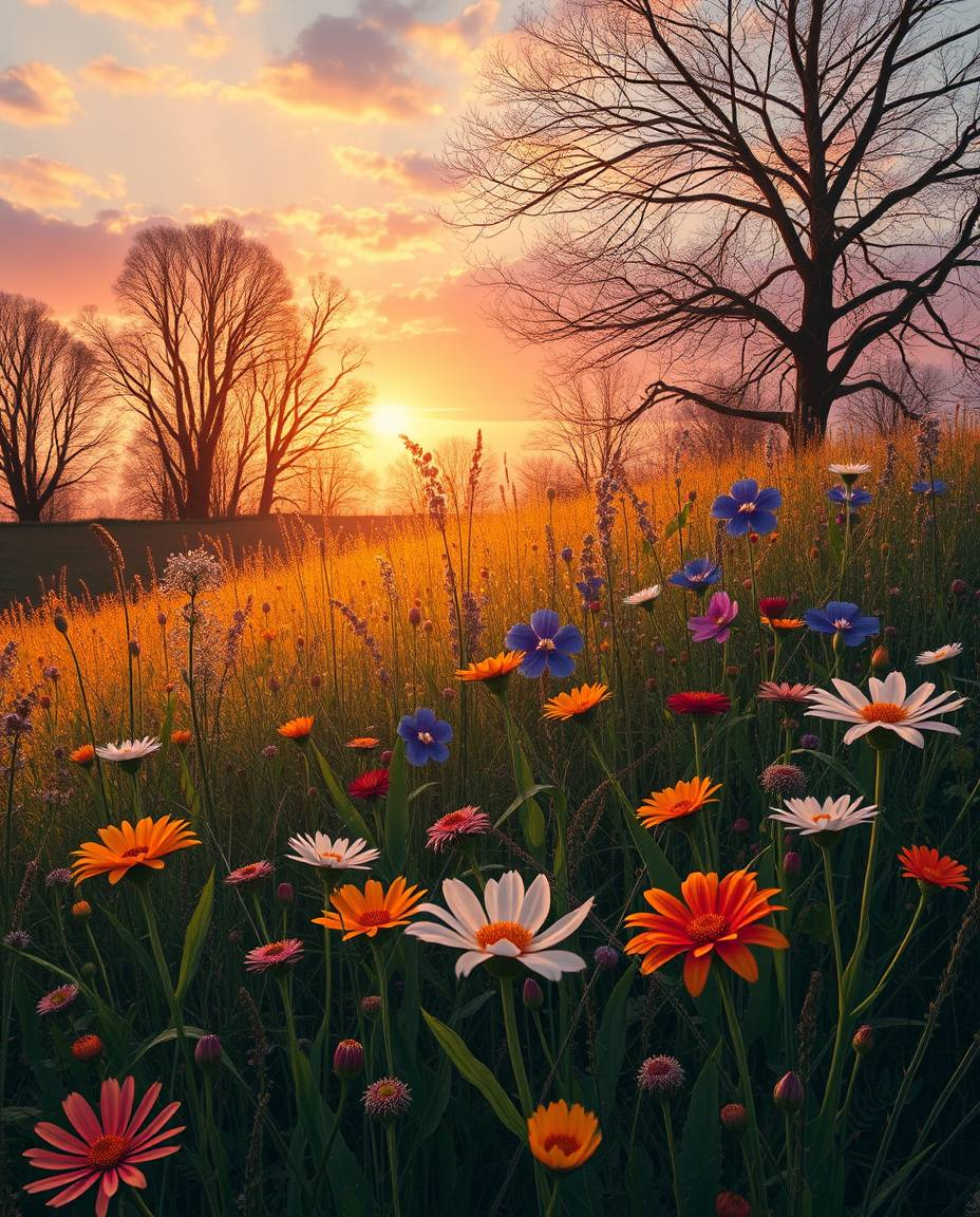 A dreamlike and surreal image of a spring wildflower meadow at sunset, uniquely rendered in warm autumn colors. This artwork 