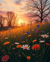 A dreamlike and surreal image of a spring wildflower meadow at sunset, uniquely rendered in warm autumn colors. This artwork 