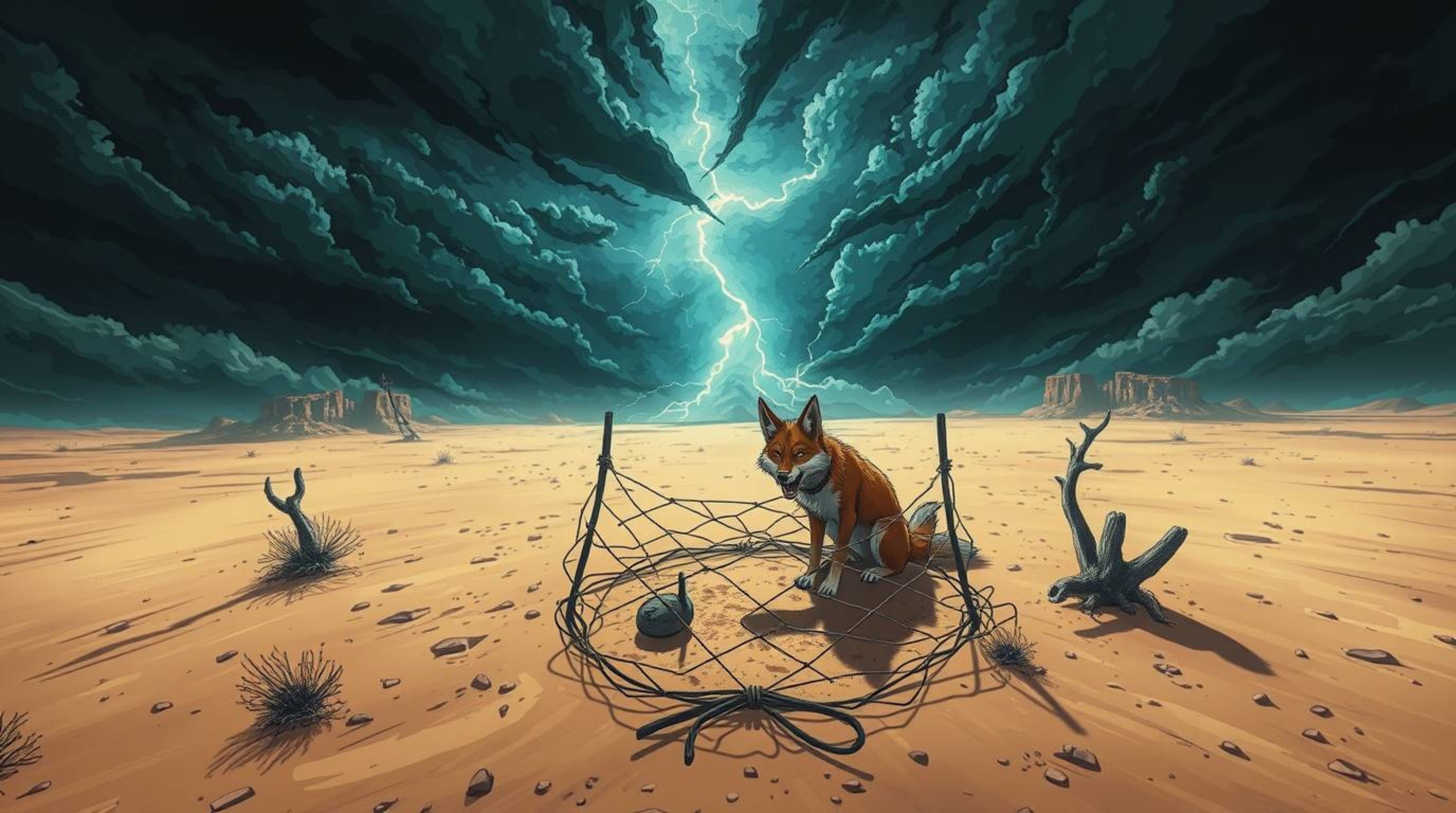A high-angle Isekai anime-style scene showcases a coyote meticulously setting up a ridiculously elaborate trap in a harsh des