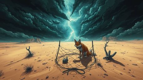 A high-angle Isekai anime-style scene showcases a coyote meticulously setting up a ridiculously elaborate trap in a harsh des