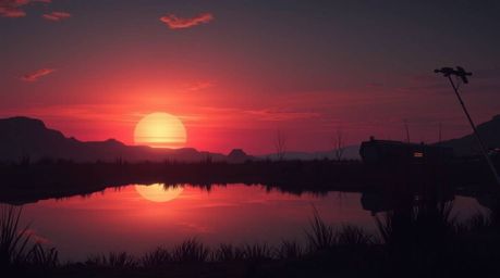 A captivating image blends futuristic sci-fi elements with a serene natural setting.  A calm pond reflects a vibrant sunset, 