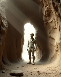 A captivating clay sculpture portrays a figure with ambiguous features poised at the entrance of a tunnel, dramatically lit b