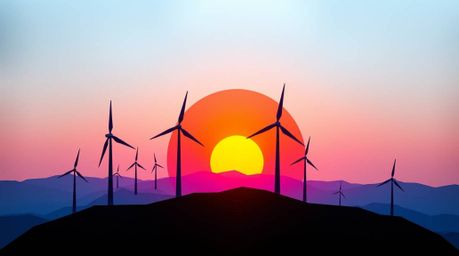 This stunning artwork features an intricate origami-style depiction of a sunset behind wind turbines on a hill, glowing with 
