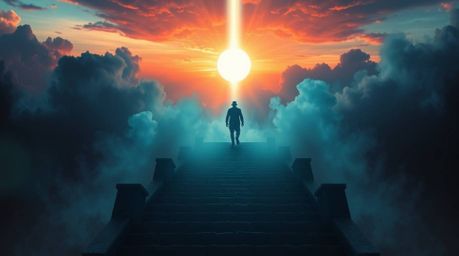A captivating image featuring a lone figure ascending a stone staircase towards a radiant beam of divine light. The scene is 