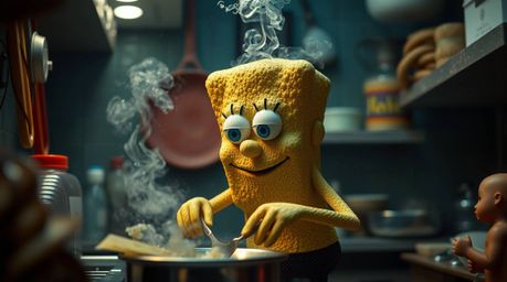 Discover stunning fine art photography of a unique sponge character cooking in a vibrant underwater kitchen.  The image featu