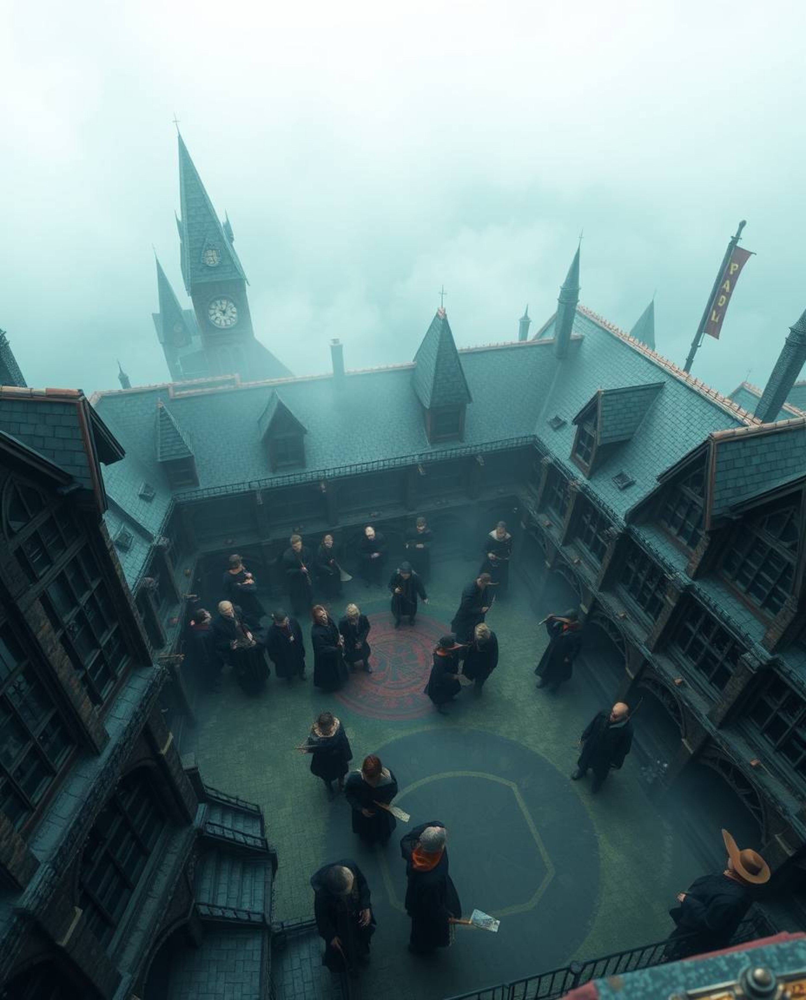 Discover a breathtaking high-angle shot of a magical school brimming with young wizards. This captivating image, perfect for