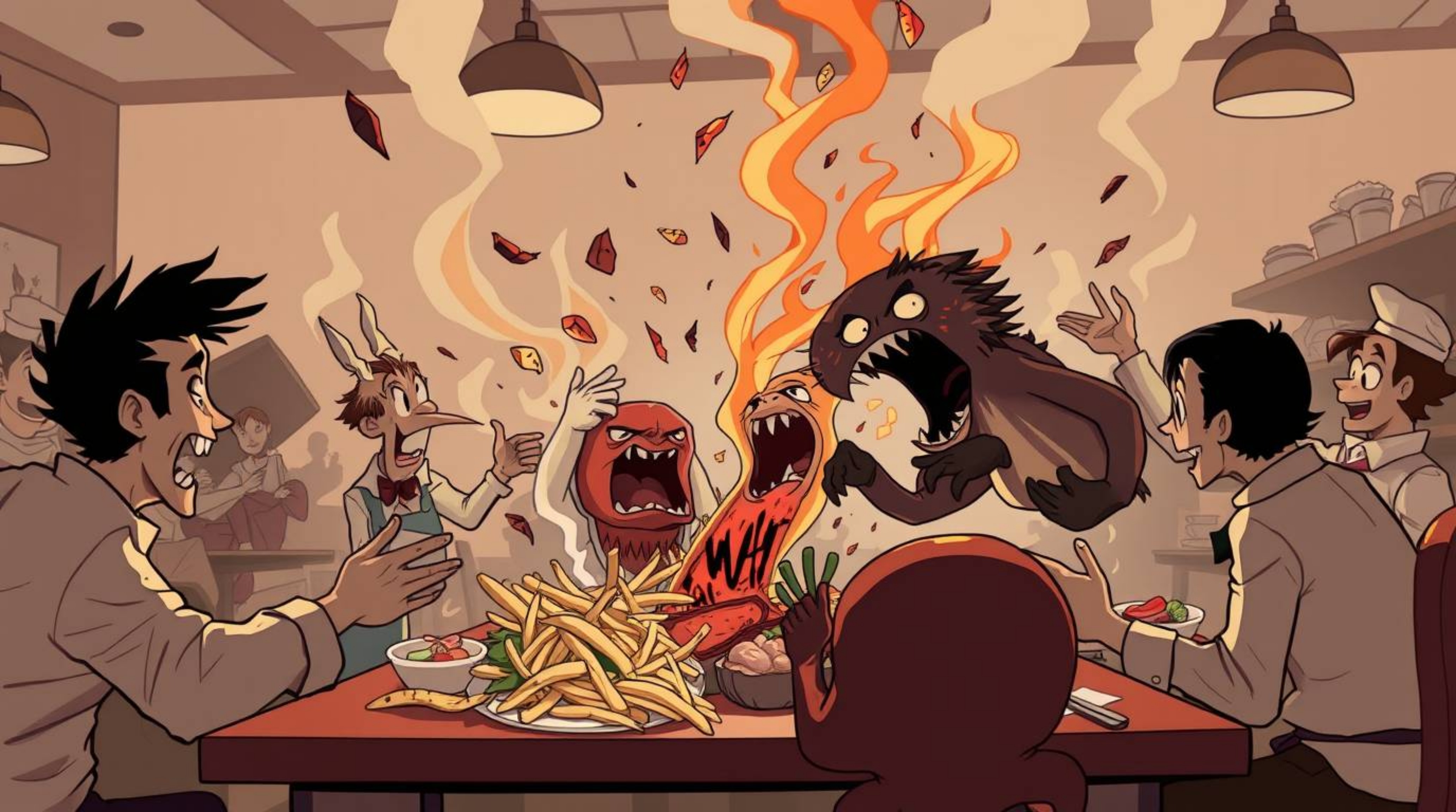 Witness a sophisticated yet chaotic wild food fight unfolding in a cartoon cafeteria.  This animation features graceful, eleg