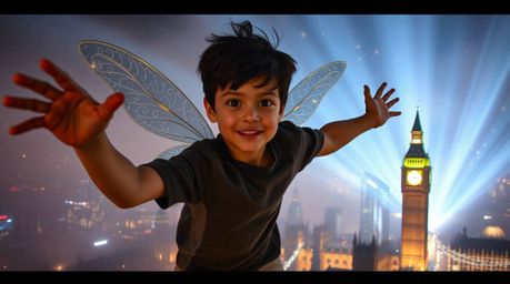 A captivating image showcasing a young boy with tan skin and dark hair soaring above London, propelled by magical pixie dust.