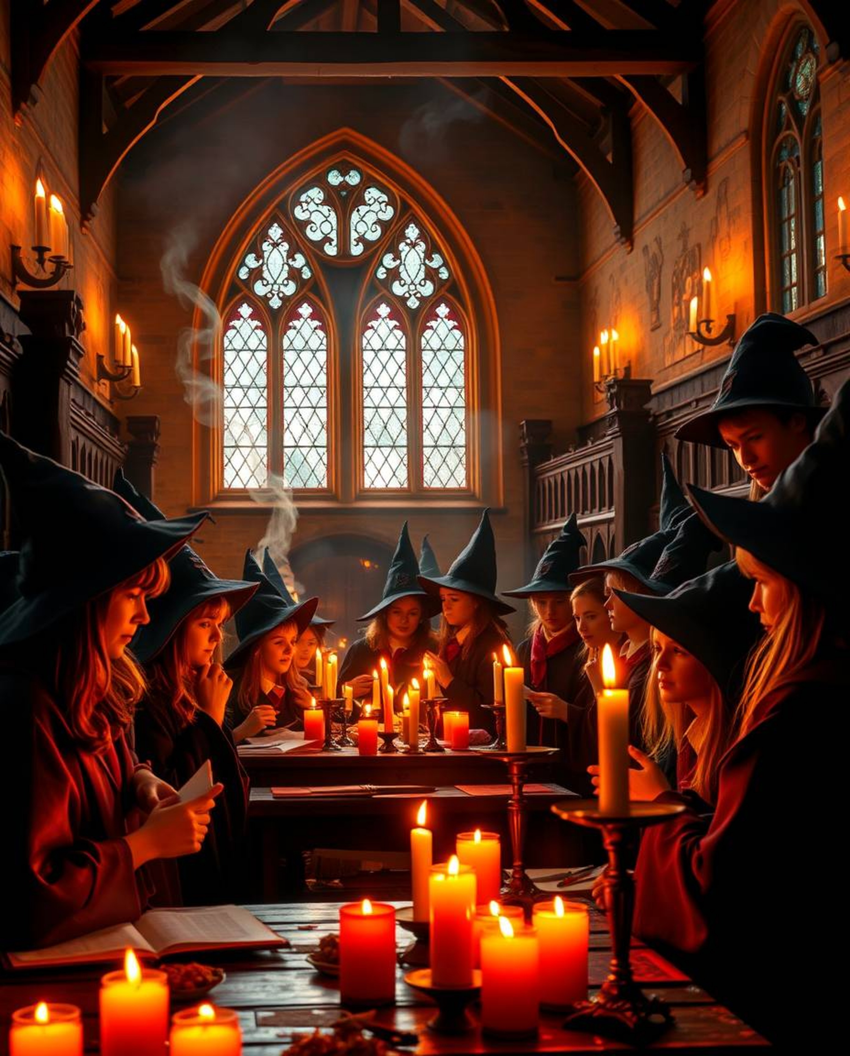 Step into a magical school where young wizards learn and grow, bathed in the warm and inviting glow of candlelight. Vibrant c