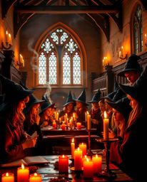 Step into a magical school where young wizards learn and grow, bathed in the warm and inviting glow of candlelight. Vibrant c