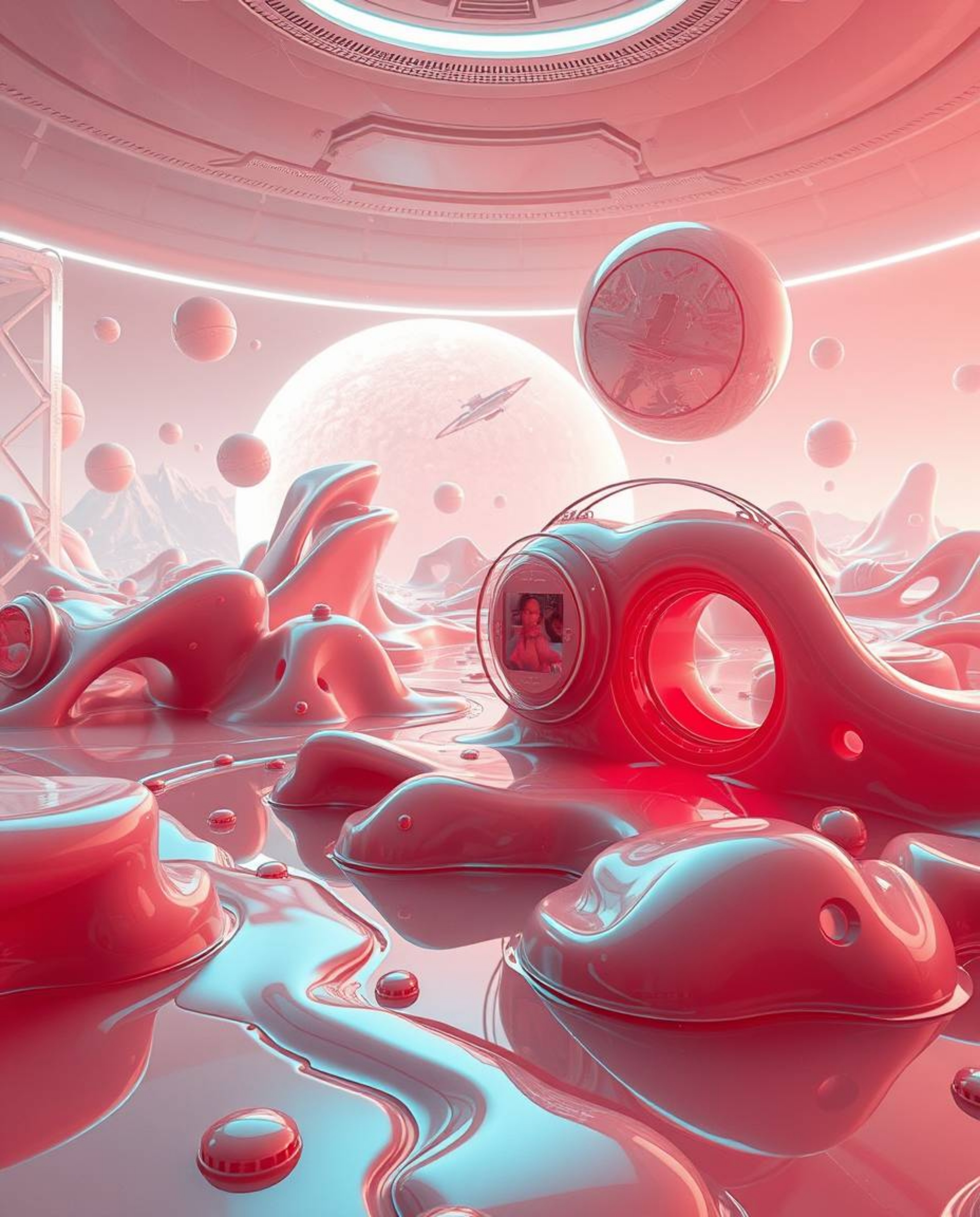 Immerse yourself in a surreal scene rendered in striking infrared tones, depicting a futuristic sci-fi environment unlike any