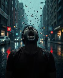 A captivating digital art piece depicting a person screaming as their world dissolves into pixels during a heavy downpour.  T