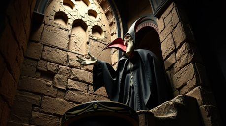 Experience a captivating layered papier-mâché artwork depicting a classic Disney villain casting a spell within the aged ston