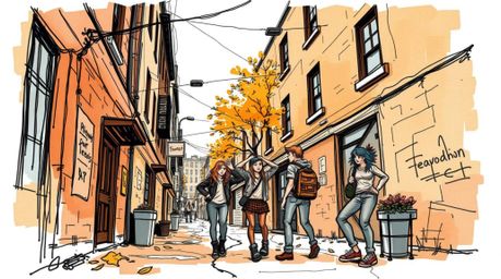A captivating hand-drawn sketch depicts a grungy city alley in warm autumn hues.  Rebellious teenagers, rendered with loose, 