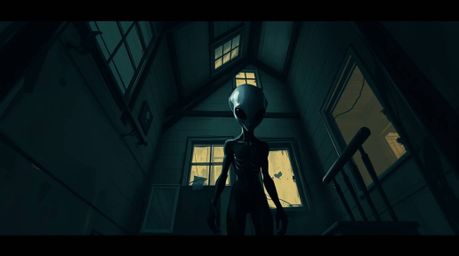 A captivating digital sketch depicts an alien inhabiting a mundane suburban house.  Rendered with rough painterly strokes, hi