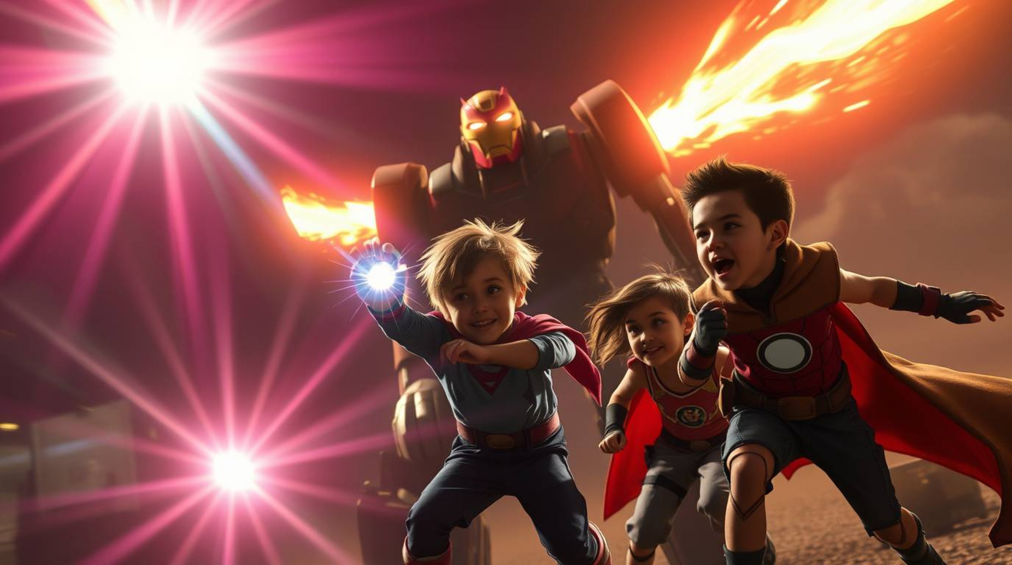 A trio of superpowered kids engages in a thrilling battle against a menacing robot, depicted in a strong and moody style. The