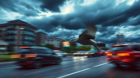 A captivating image of a fast-running bird blurring past urban traffic under a stormy sky. The scene is rendered with intense