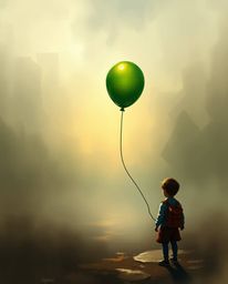 A captivating scene featuring a child holding a balloon, rendered in an epic style with complementary colors and a misty atmo