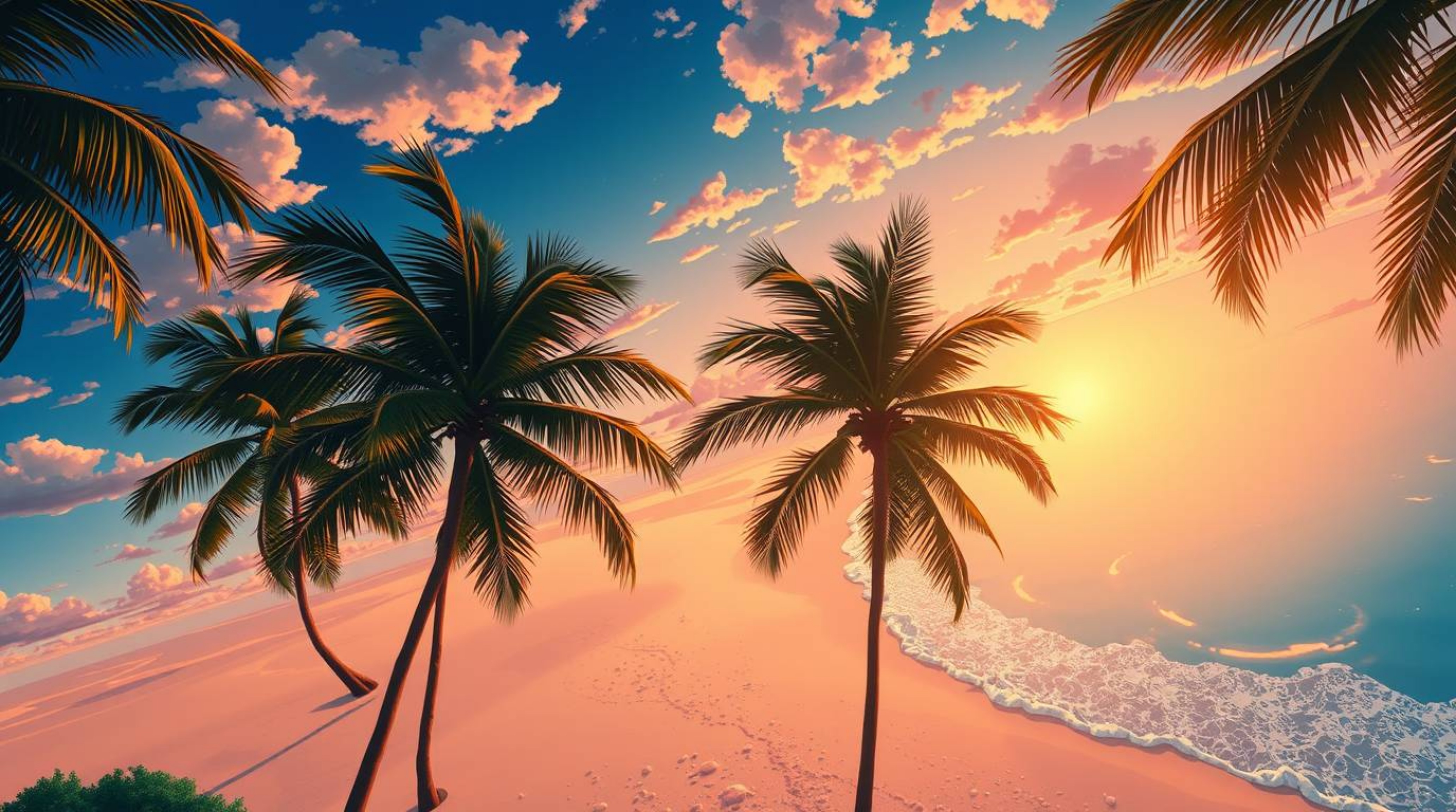 Experience the vibrant and expressive beauty of a tropical sunset beach in an anime style, captured from an overhead bird's-e