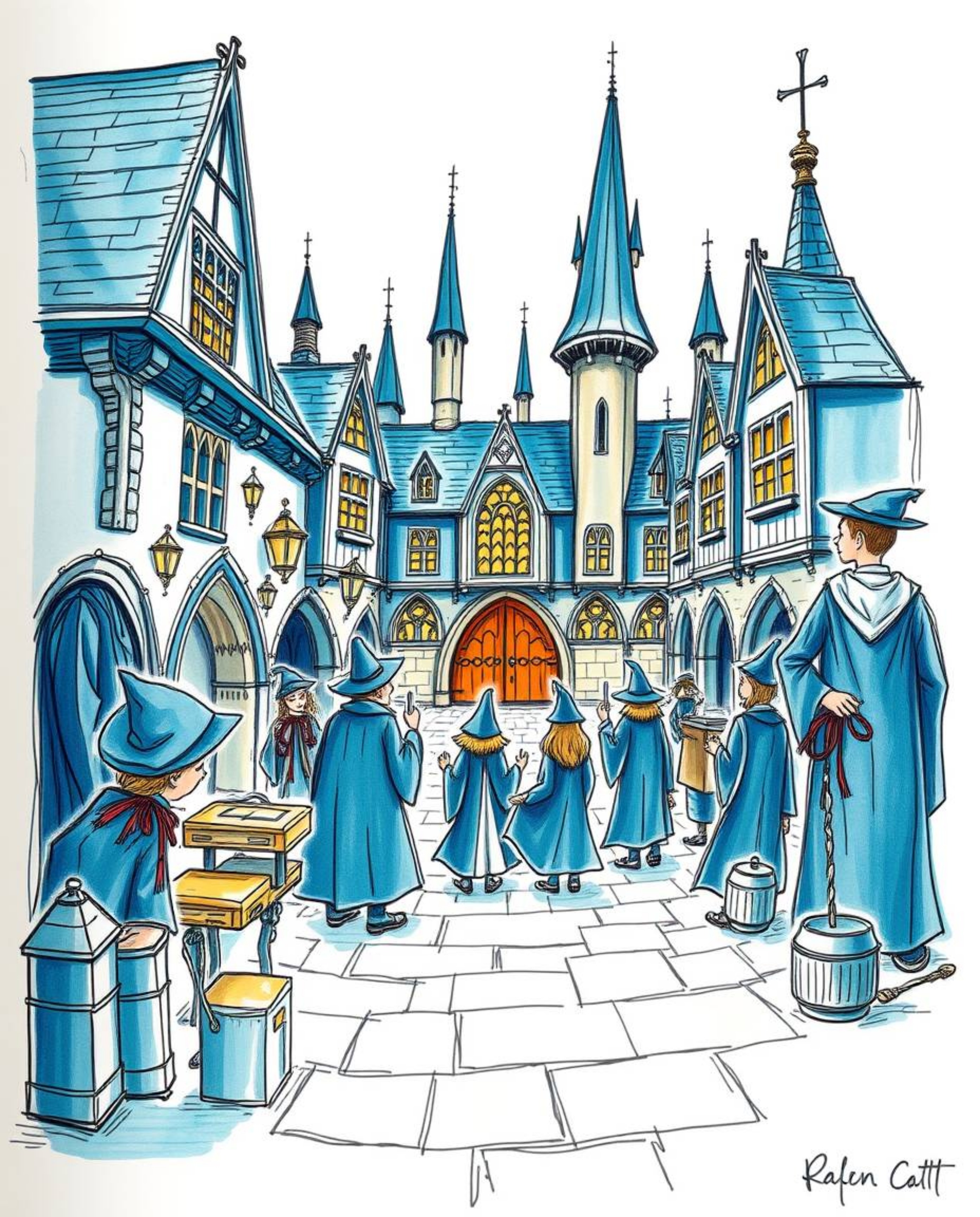 Explore a hand-drawn color sketchnote depicting a magical school brimming with young wizards, rendered in rich, deep teal and