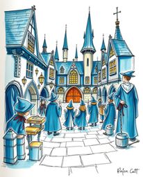 Explore a hand-drawn color sketchnote depicting a magical school brimming with young wizards, rendered in rich, deep teal and