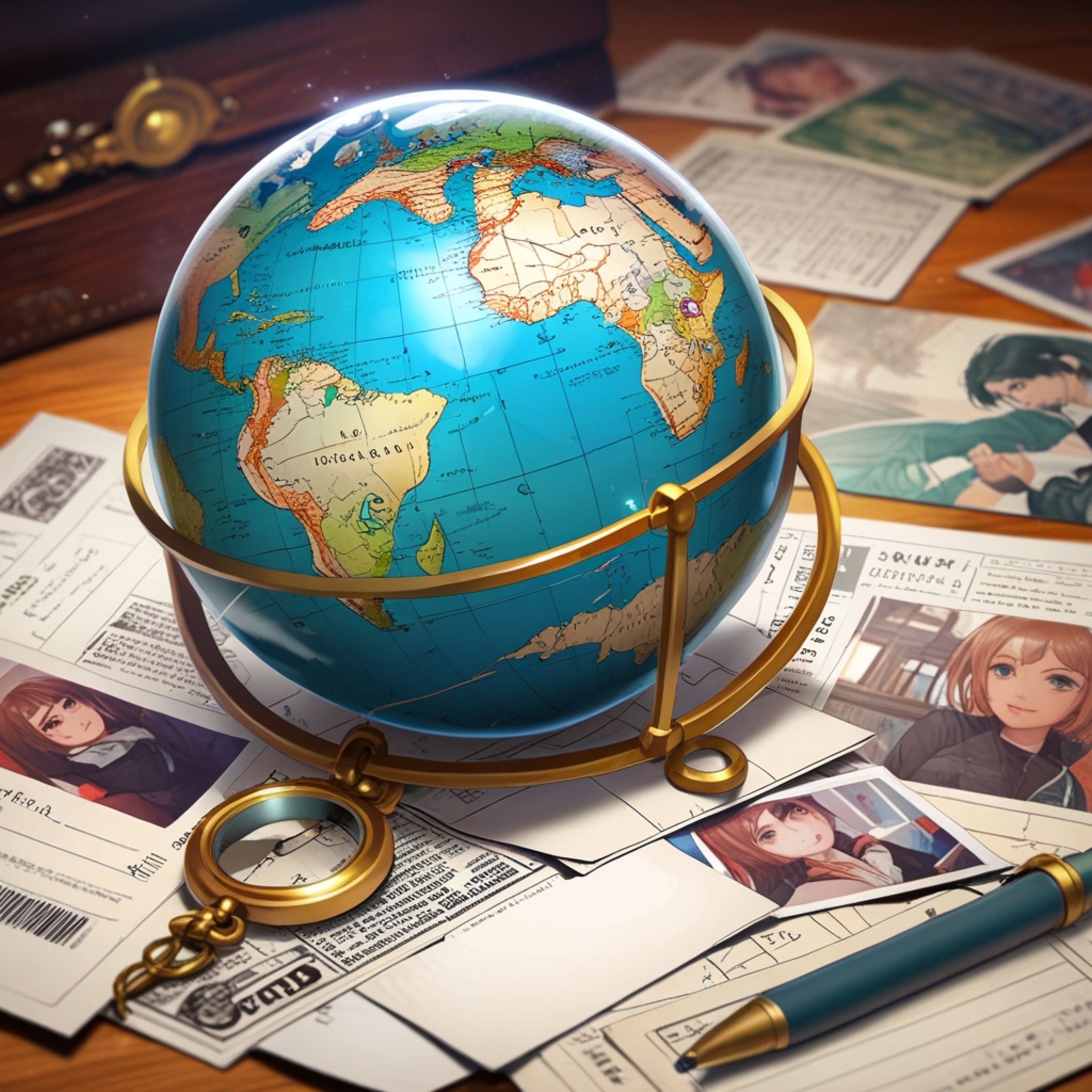 A captivating close-up shot featuring a spinning globe as the central focus, surrounded by a collection of vintage postcards 