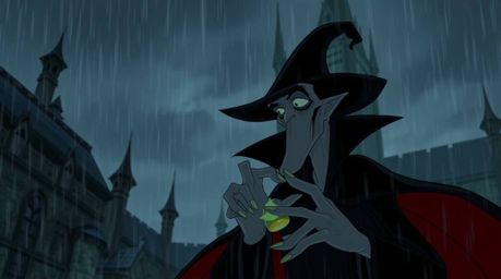 A classic Disney villain, with gaunt features and clad in dark clothing, casts a spell within a rain-lashed old castle under