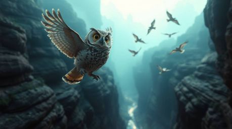 A stunning photographic artwork depicts a blind owl, rendered in Pixar style, guiding birds in flight within a majestic canyo