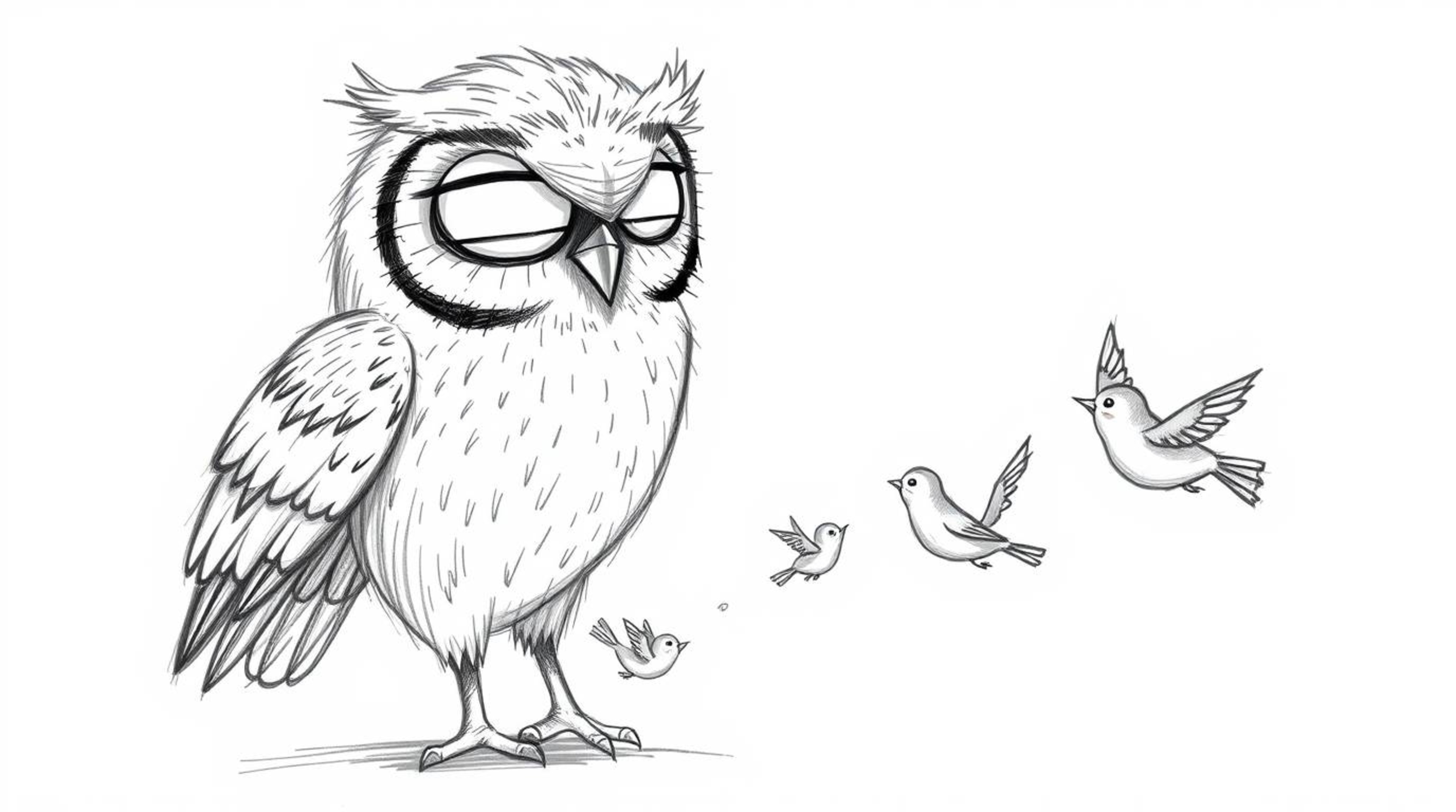 A charming hand-drawn sketch in the style of Pixar depicts a blind owl, with soft, downy feathers, patiently teaching a flock