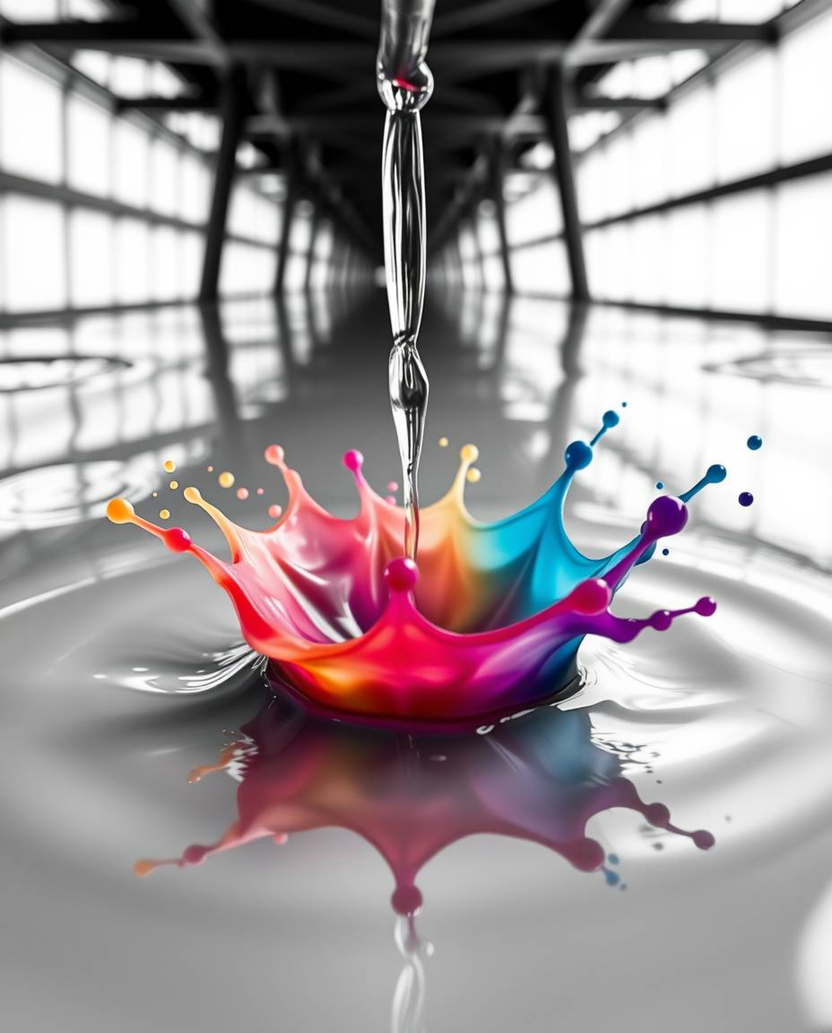 A precise architectural color photograph showcasing vibrant ink splashes in water.  This image features a classic black and w