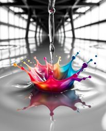 A precise architectural color photograph showcasing vibrant ink splashes in water.  This image features a classic black and w