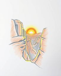 A hand-drawn sketch depicts a sunset illuminating sandstone cliffs in a canyon, characterized by its rough lines and textured