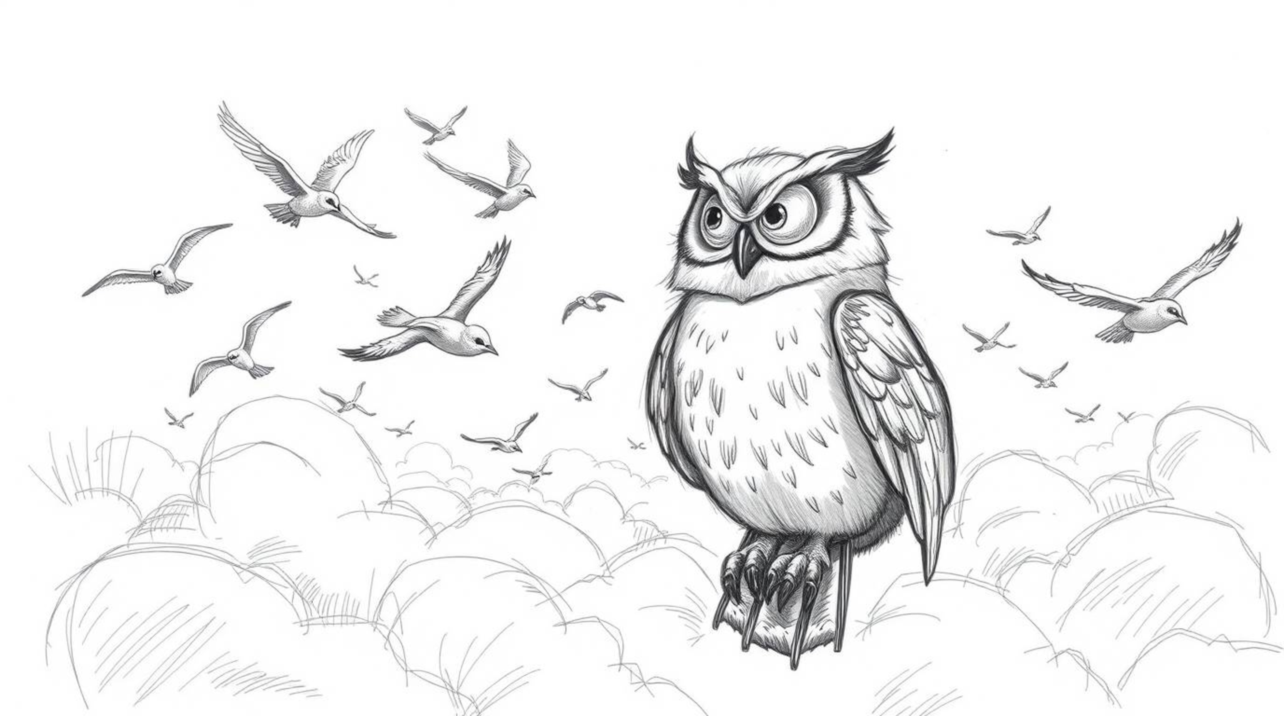 A Pixar-esque, hand-drawn sketch features a wise, blind owl with soft, feathery details. This compassionate creature guides a