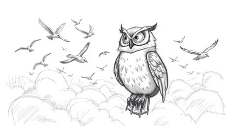 A Pixar-esque, hand-drawn sketch features a wise, blind owl with soft, feathery details. This compassionate creature guides a