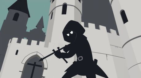 A close-up, modern flat design image showcasing a thief infiltrating a heavily guarded castle. The artwork utilizes simple tw