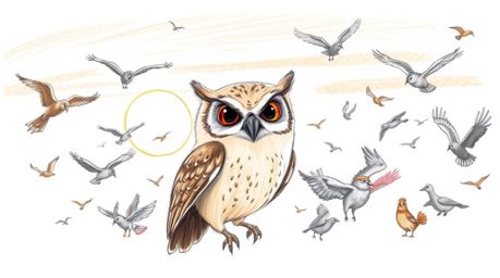 A heartwarming hand-drawn sketch in the style of Pixar depicts a blind owl with soft, expressive features and light brown plu