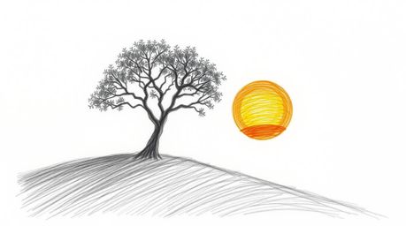 A charming hand-drawn sketch depicting an adorable lone tree silhouetted against a fiery sunset on a hill.  The image feature