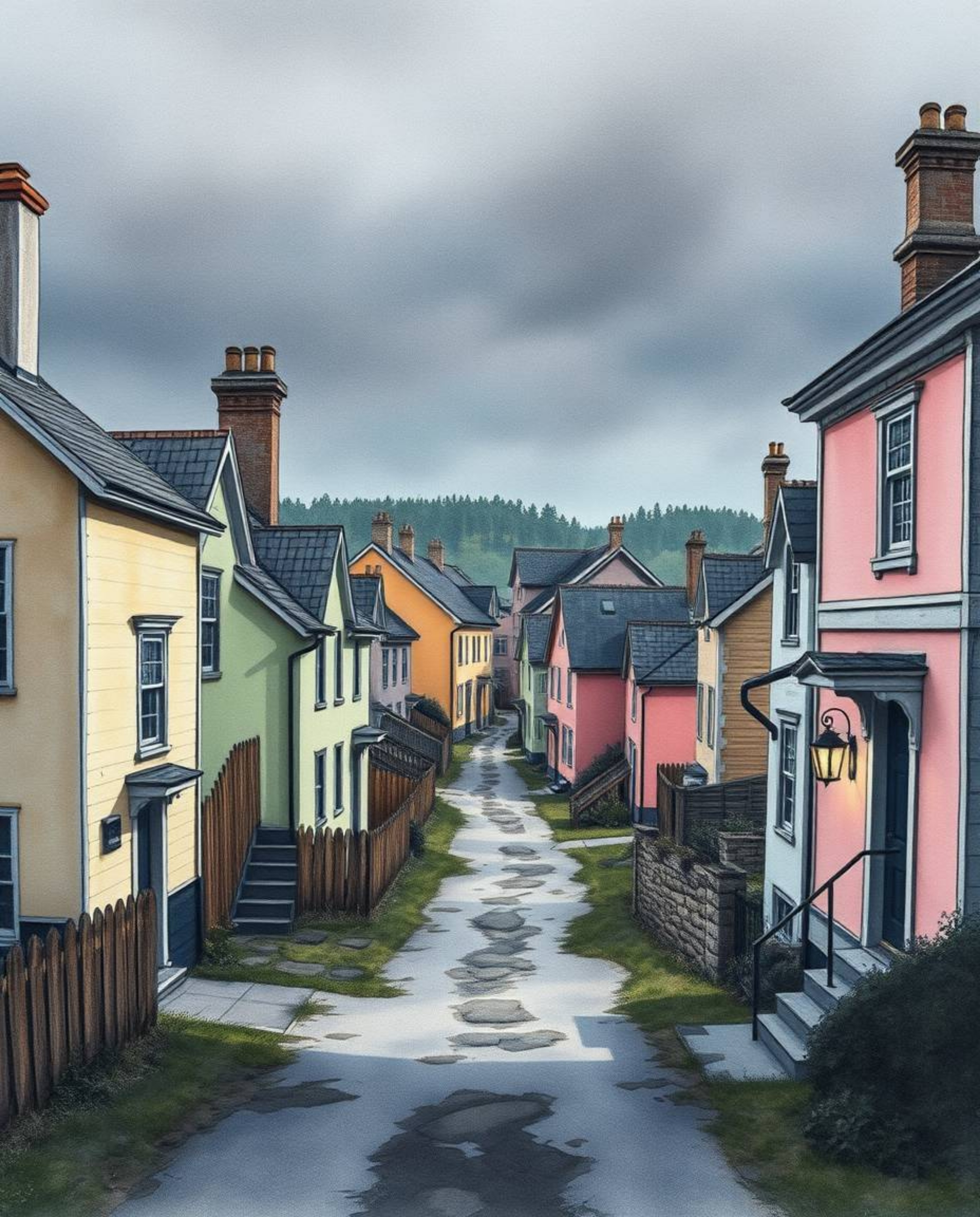 Discover a captivating watercolor painting depicting a sleepy town with pastel-colored houses.  The artwork features sharp li