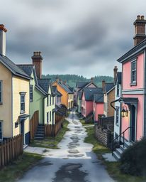 Discover a captivating watercolor painting depicting a sleepy town with pastel-colored houses.  The artwork features sharp li