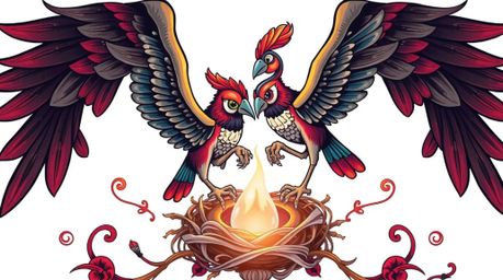 A modern, future-style grand epic scene featuring symbolic traditional tattoo art of two cartoon birds building a nest in a c